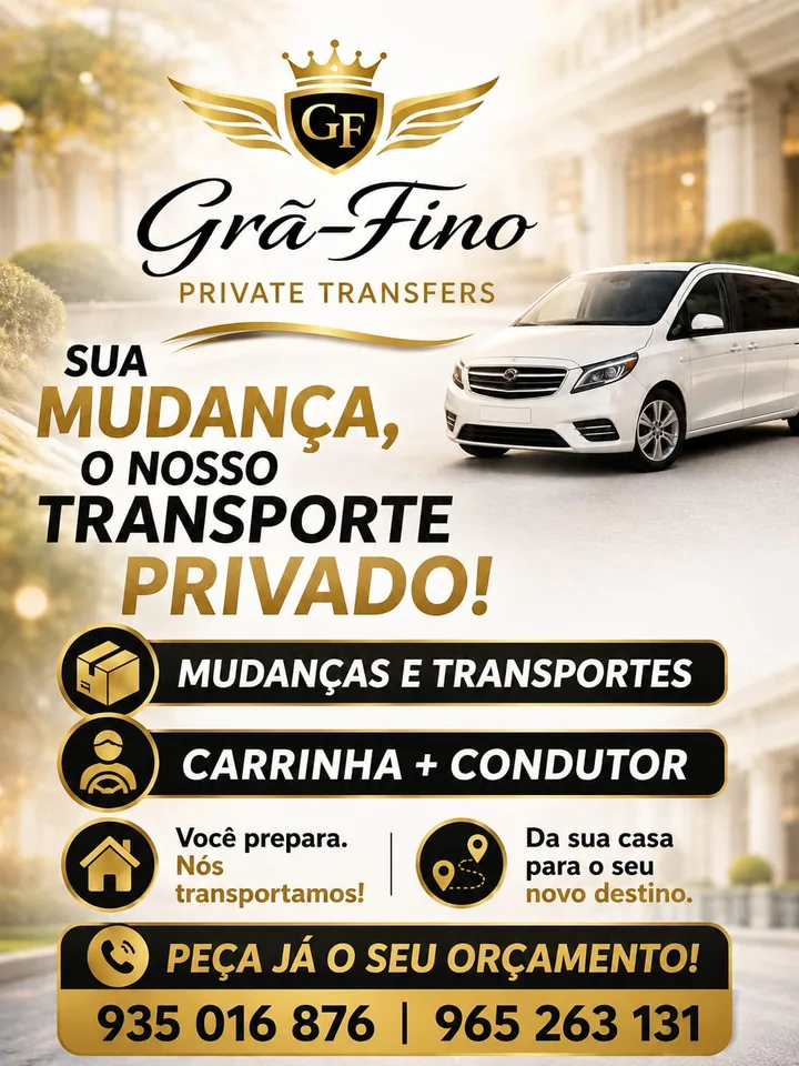 Folheto Grã-Fino: mudanças e transportes, carrinha com condutor. Telefones 935 016 876 e 965 263 131