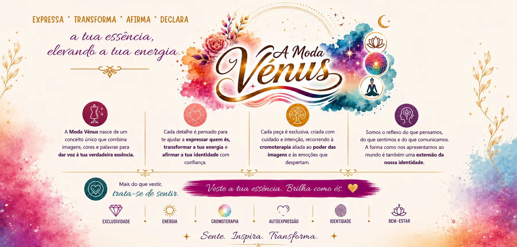 A Moda Vénus: expressa, transforma, afirma, declara a tua essência, elevando a tua energia. Peças exclusivas criadas com cromoterapia e o poder das imagens. Veste a tua essência. Brilha como és.
