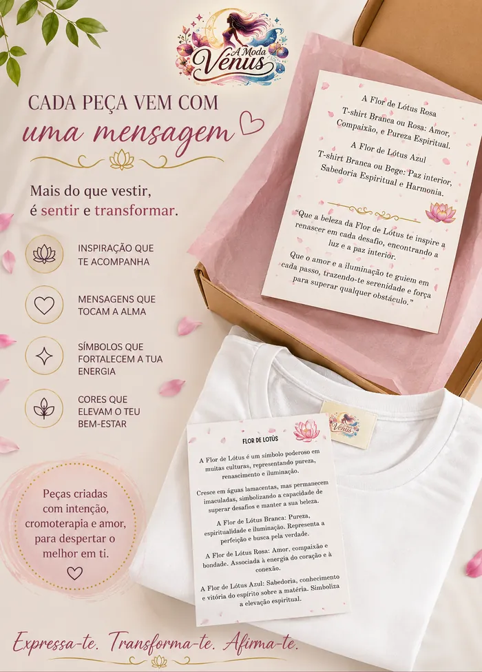 Cada peça vem com uma mensagem. Mais do que vestir, é sentir e transformar. Peças criadas com intenção, cromoterapia e amor. Expressa-te. Transforma-te. Afirma-te.